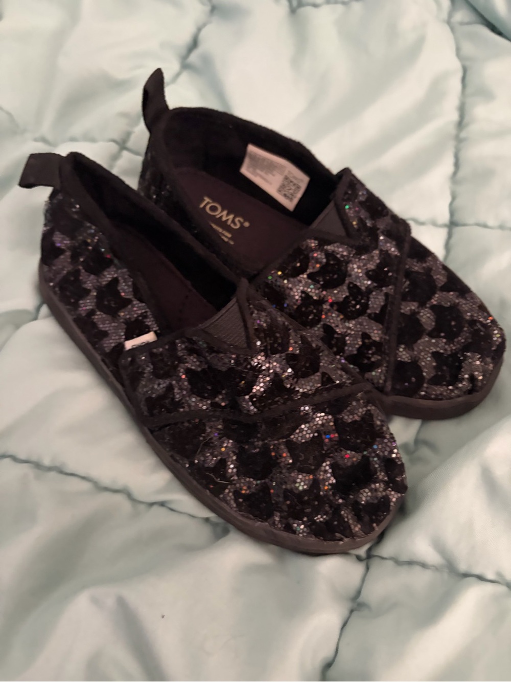 TOMS Kids Black Glitter Slip-On Sneakers with Sparkle Pattern